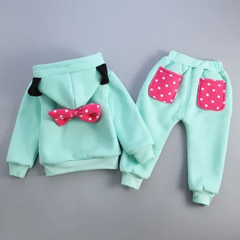 Winter Warm Thicken Cotton Padded Children Clothing Set Cute Cartoon Bowknot Design Girls Hoodie + Pants Set Kids Clothes