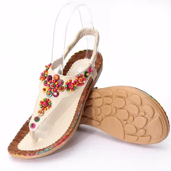 Bohemian Summer Women Sandals Gemstone Beaded Slippers Strappy Flip-flop Flat Low Beach Sandals Elegant Shoe Women Size 37-40
