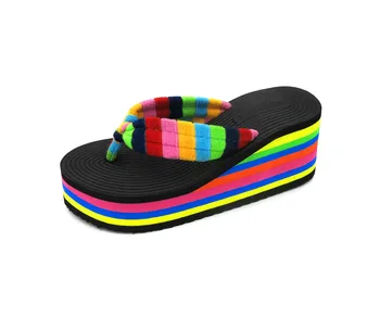 Women fashion Summer Candy Color Slippers with Colorful Belt Beach Flip-flops rainbow high-heeled sandals female shoes Baok-167