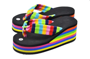 Women fashion Summer Candy Color Slippers with Colorful Belt Beach Flip-flops rainbow high-heeled sandals female shoes Baok-167