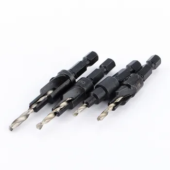 4pcs/set Quick Change Hex Shank Tapered And Hardened Countersink Drill Cone Bit Set Hole Saw Woodworking Tools + Small wrench