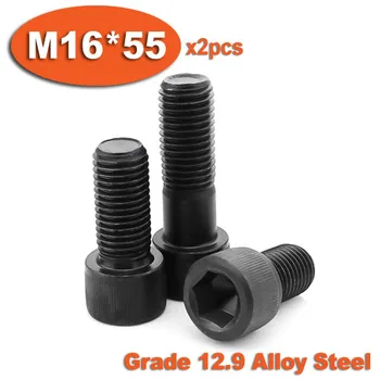 2pc DIN912 M16 x 55 Grade 12.9 Alloy Steel Screw Black Full Thread Hexagon Hex Socket Head Cap Screws
