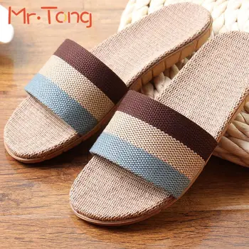 Hot Home Women Men Adult Slippers Summer Linen Comfortable Flax Knitted Striped Bedroom Slipper Couple Woman Man Indoor Shoe