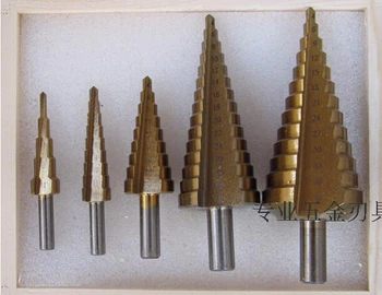 5pcs/set of Triangle handle HSS striaght flute Step Drill Bits Set core drill bit TIN Coated cone Step Drill Bit Set hole cutter