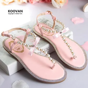 Koovan Women Sandals 2017 Summer Fashion Shoes Girl's Bow Diamond Pearl Women Sandals Flat Sandals Woman Shoes Larger Size 33-43