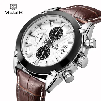 Megir fashion leather sports quartz watch for man military chronograph wrist watches men army style 2020