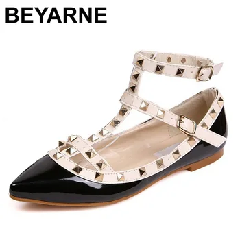 BEYARNE Women's Pointed Toe Buckle Sandals Metal Rivet Studded Comfy Flats Thin Shoes