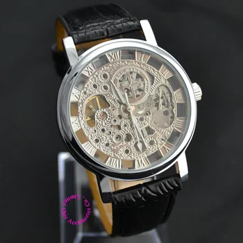 Wholesale price silver gold silver luxury skeleton leather mechanical man mens wristwatch watch hour