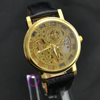 Wholesale price silver gold silver luxury skeleton leather mechanical man mens wristwatch watch hour