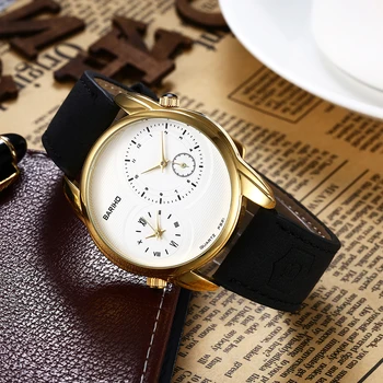 Leather Band Men Wristwatch Analog Quartz Multiple Time Zone Watches 30M Wateproof Business