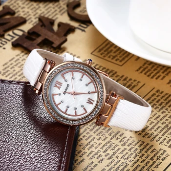 Leather Band Business Watches Analog Quartz Round Zircon Dial Wristwatch 30M Wateproof