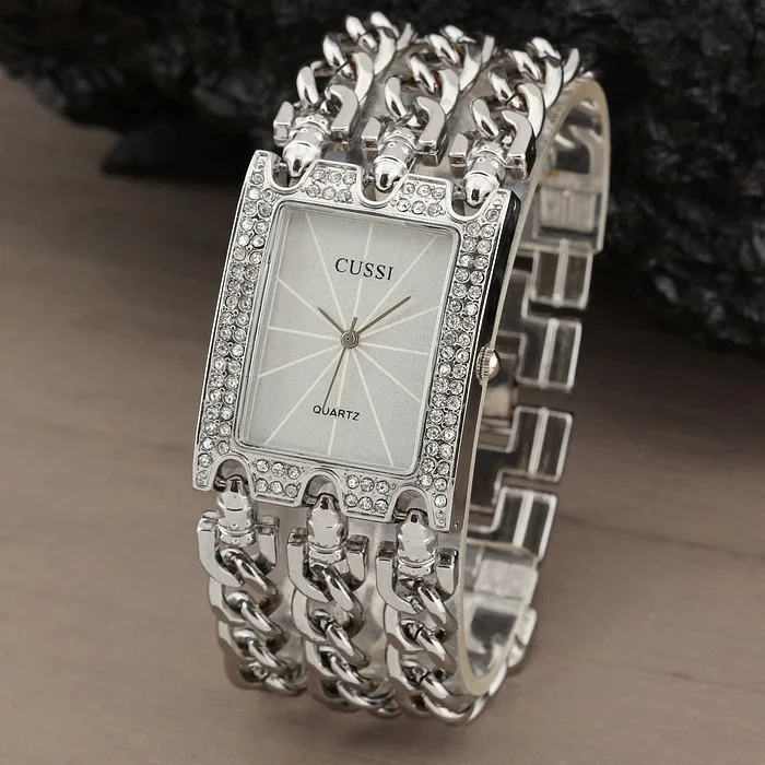 New Women Watch Luxury Wrist Watch Analog Quartz Watches Stainless Steel Fashion Rhinestone Bracelet Three Chains Gifts Silver