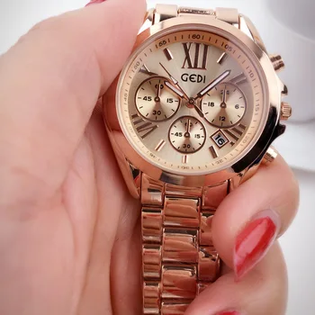 Hot Luxury Watch Women Classic Three eyes six pin rose Lady Quartz Watches Fashion Calendar Steel Strip Waterproof Wristwatch