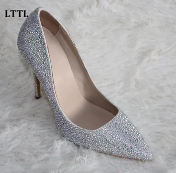 LTTL Sexy Stiletto 12CM Thin Heels Wedding Shoes Pointed Toe High Heels Women Dress Shoes Silver Rhinestore Women Pumps