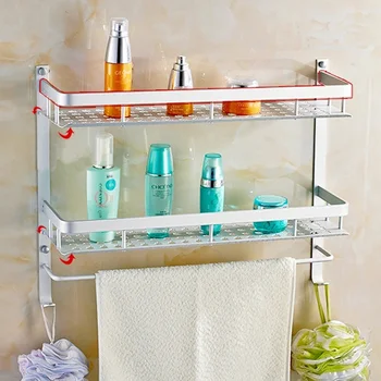 40/50CM 2 Tier Space Aluminum Thick Widened Bathroom Shelf Racks Basket Storage Shelves with Towel Bar Hooks 809117