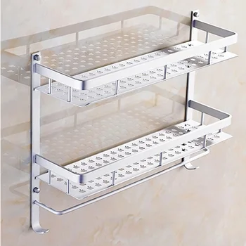40/50CM 2 Tier Space Aluminum Thick Widened Bathroom Shelf Racks Basket Storage Shelves with Towel Bar Hooks 809117