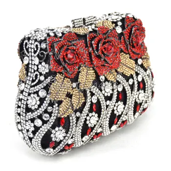 Stylish Flower Luxury Crystal Evening Bag Metal Clutch Bag Rose Soiree Purse for Party Studded Diamante Banquet Bag 88170