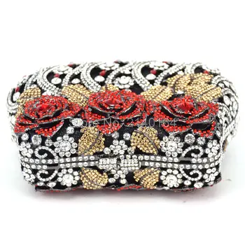 Stylish Flower Luxury Crystal Evening Bag Metal Clutch Bag Rose Soiree Purse for Party Studded Diamante Banquet Bag 88170
