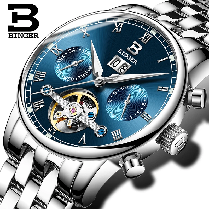 Switzerland BINGER men's watch luxury brand Tourbillon fulll stainless steel water resistant Mechanical Wristwatches B-8604-5