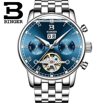 Switzerland BINGER men's watch luxury brand Tourbillon fulll stainless steel water resistant Mechanical Wristwatches B-8604-5