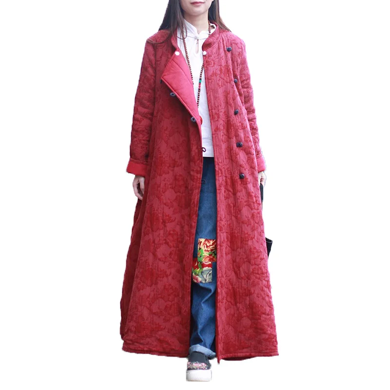 2016 Traditional Chinese Winter Trench Women Cotton Padded Jacquard Long Coat Basic Coats Ethnic Garment Manteau Femme 2Colors