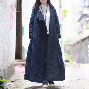 2016 Traditional Chinese Winter Trench Women Cotton Padded Jacquard Long Coat Basic Coats Ethnic Garment Manteau Femme 2Colors