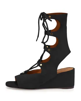 Black Suede Chaussure Femme Cut-Outs Peep Toe Ankle Boots Women Lace-Up Gladiator Sandalias Summer Bootie Platform Wedge Sandals