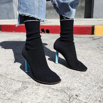 Pointed Toe High Heeled Women Boots Sexy Thin High Short Boots Fall Winter Black Red White Stretch Knit Ankle Boots