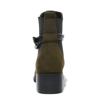 2017 Spring women cowhide short boots ladies green black thick heel Martin boots girl fashion buckle pointed winter shoes F914