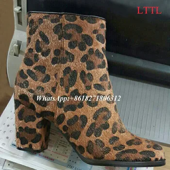 Horsehair Suede Leather Leopard Ankle Boots Brown Thick Chunky Heel Sexy High Heels Flock Zip Booties Ladies Autumn Shoes