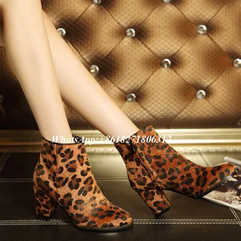 Horsehair Suede Leather Leopard Ankle Boots Brown Thick Chunky Heel Sexy High Heels Flock Zip Booties Ladies Autumn Shoes