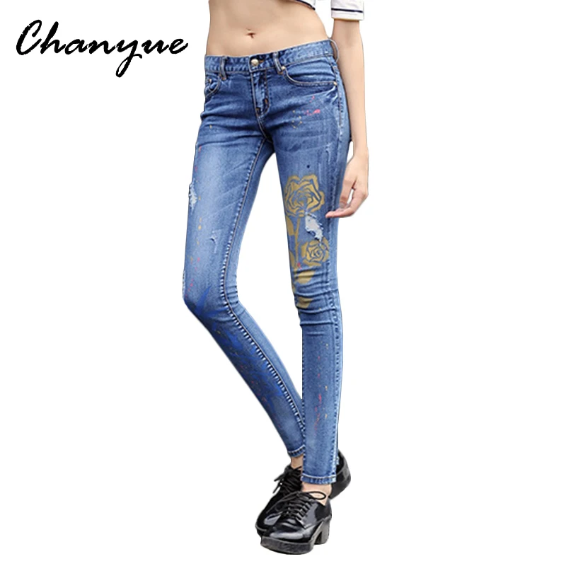 Chanyue Ripped Boyfriend Jeans For Women Jeans Pants Flowers Print Blue Skinny Denim Pants Woman Trousers Femme American Apparel