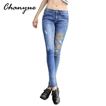 Chanyue Ripped Boyfriend Jeans For Women Jeans Pants Flowers Print Blue Skinny Denim Pants Woman Trousers Femme American Apparel