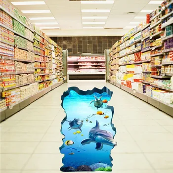 3D underwater world dolphin self-adhesive non-slip kitchen bedroom floor wallpaper mural