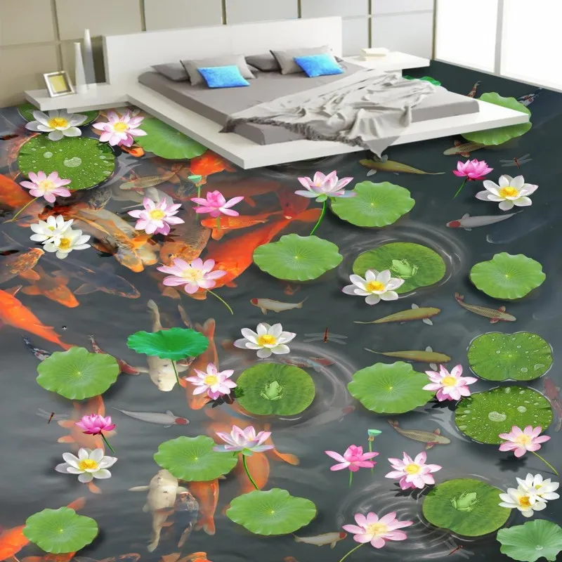 Realistic large pond carp floor 3D wear non-slip thickened kitchen living room bathroom flooring wallpaper mural