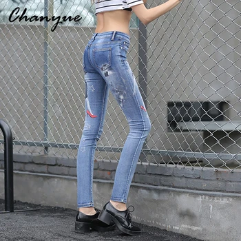 Chanyue Boyfriend Jeans For Women 2017 Spring Girl Print Skinny Jeans Woman American Apparel Denim Femme Zipper Fly Trousers