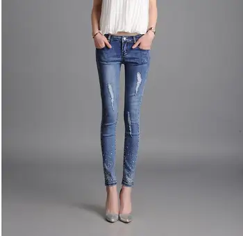 The new large size women 's jeans in the waist elastic pencil pants jeans