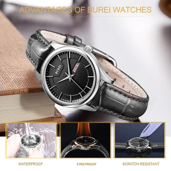 Woman Watch New BUREI Top Fashion Brand Female Hour Calendar Black Genuine Leather Strap Waterproof Quartz Wristwatches