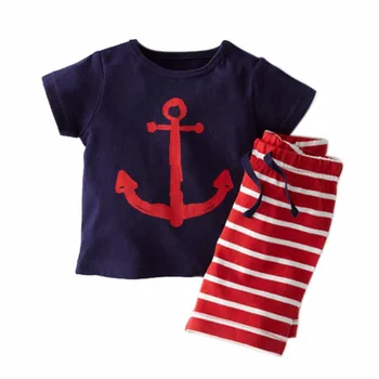 New 2PCS/Set Kids Summer Fashion Clothes Sets Pirate Ship Cartoon Printed T-Shirt+ Stripe Pant For Kids Boy Clothing Set