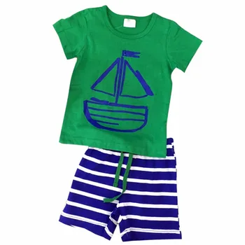New 2PCS/Set Kids Summer Fashion Clothes Sets Pirate Ship Cartoon Printed T-Shirt+ Stripe Pant For Kids Boy Clothing Set