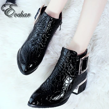 NEW Patent leather boots med heel autumn winter shoes simple women shoes pointed toe ankLE MARTIN boots SIZE 33-42