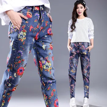 2017 Spring Summer Floral Print Elegant Painting Denim Jeans Loose Harem Pants High Waist Vintage Capris Jean