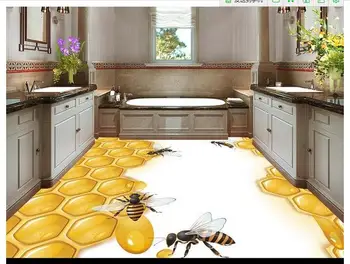 Custom mural 3d PVC Floor painting wallpaper 3D stereo high force grid honey bee honey floor wall heme decoration