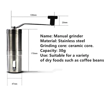 YJ HUMIDIFIER Coffee Grinder Stainless Steel Silver Hand Manual Handmade Coffee Bean Grinder Mill Kitchen Grinding Tool 30g