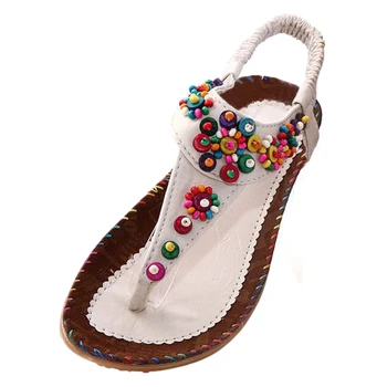 VSEN Wholesale Flat Sandals Ankle T-strap Trend Sandals Bohemia Flat Heel Beaded Female shoes size 9 beige
