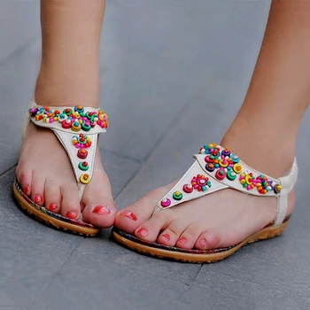 VSEN Wholesale Flat Sandals Ankle T-strap Trend Sandals Bohemia Flat Heel Beaded Female shoes size 9 beige