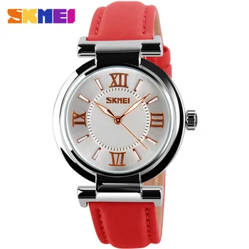 SKMEI fashion casual women quartz watches leather strap luxury brand ladies watches silver case 30M water resistant reloj mujer