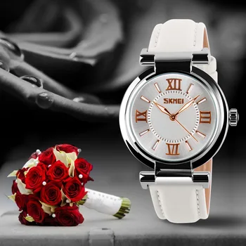 SKMEI fashion casual women quartz watches leather strap luxury brand ladies watches silver case 30M water resistant reloj mujer
