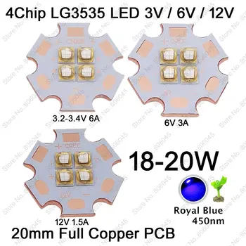 LG3535 3V / 6V / 12V 4Chip 4LEDs 18W High Power Plant Grow LED Lighting Emitter Royal Blue 450nm on 20mm Copper PCB