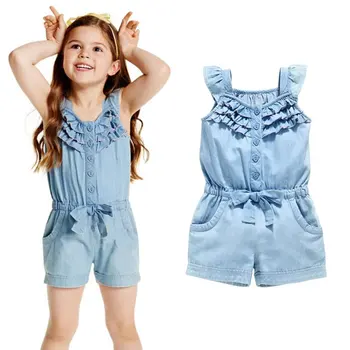 Kids Girls Clothing Rompers Denim Blue Cotton Washed Jeans Sleeveless Bow Jumpsuit 0-5Y L07